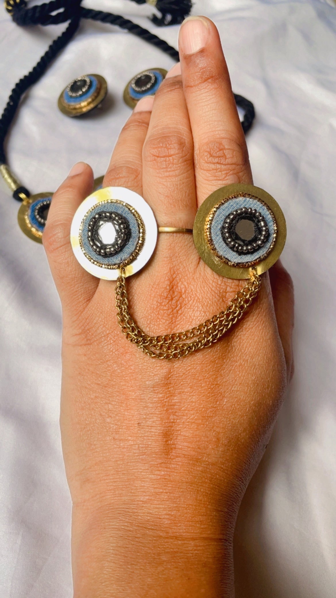 Denim Brass Necklace with earrings + ring