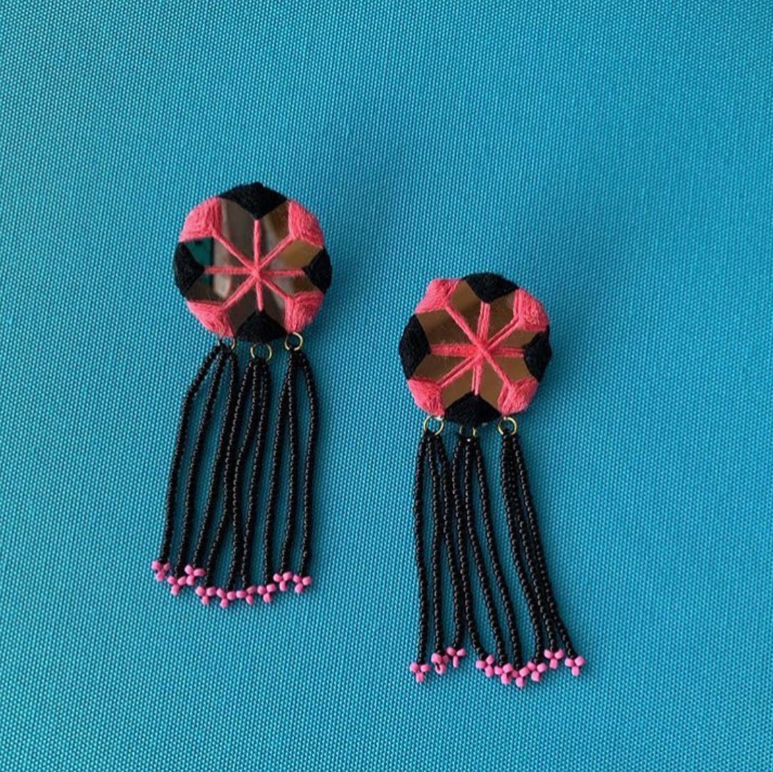 Black pink Flower tassel Earrings