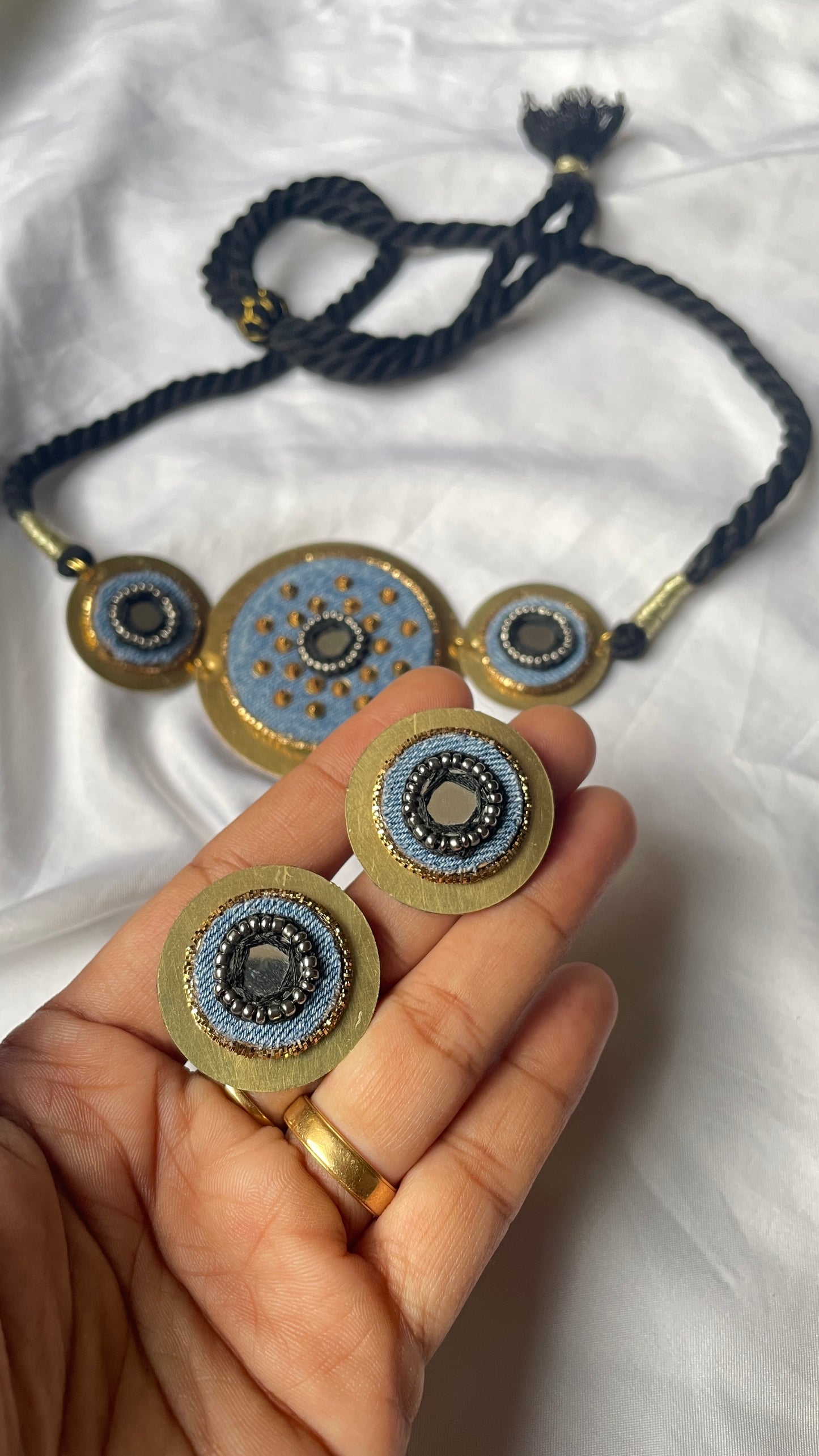 Denim Brass Necklace with earrings