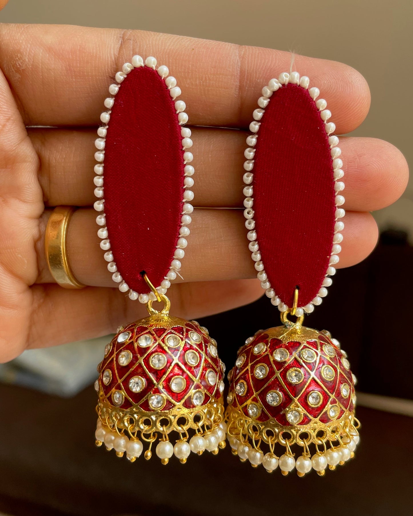 Maroon Kundan Jhumka Earrings By Gamthi Fashion