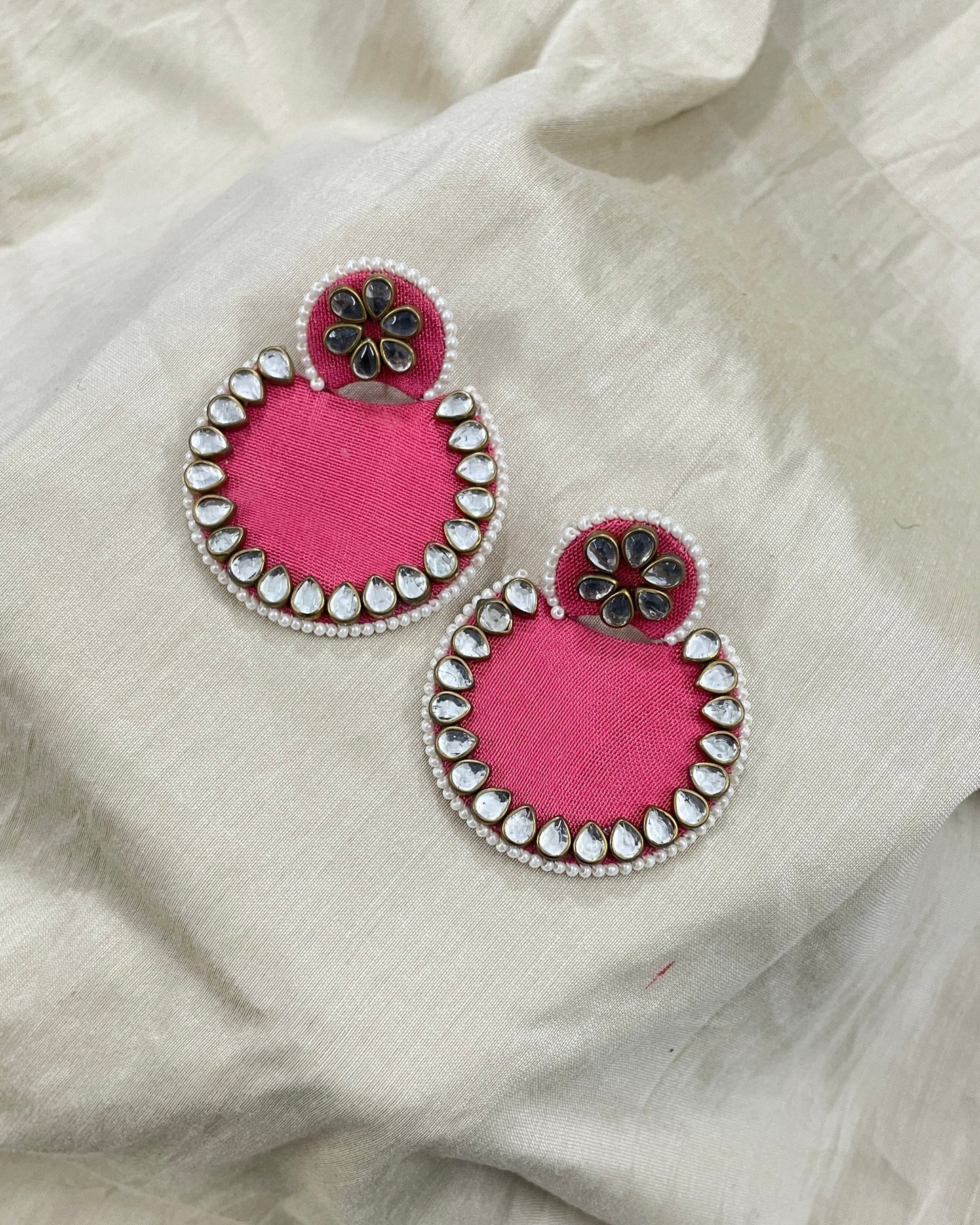 Peach Pink Kundan Fabric Earrings By Gamthi Fashion