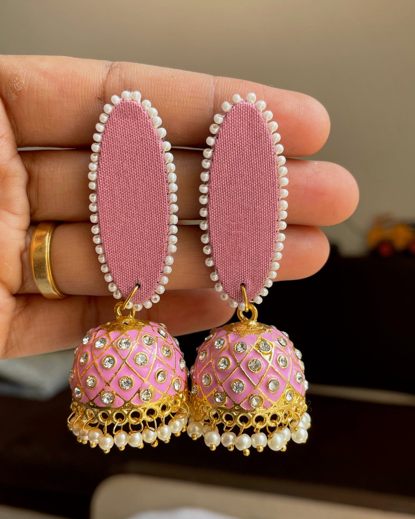 Pink Kundan Jhumka Earrings By Gamthi Fashion
