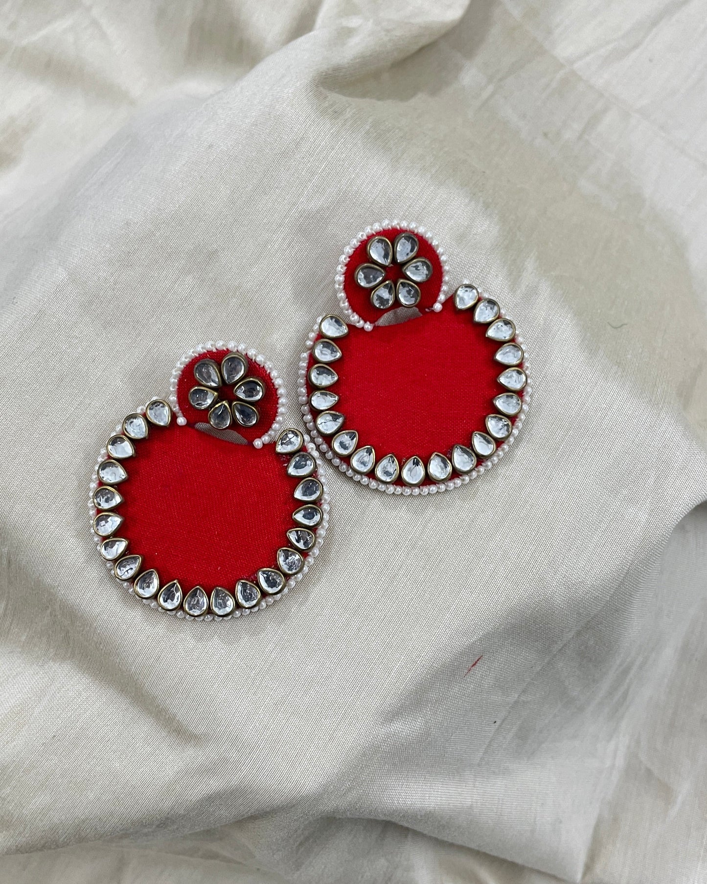Red Kundan Fabric Earrings By Gamthi Fashion