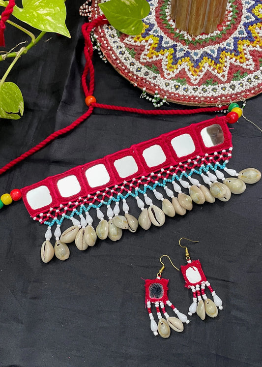Red Mirror Work Necklace By Gamthi Fashion
