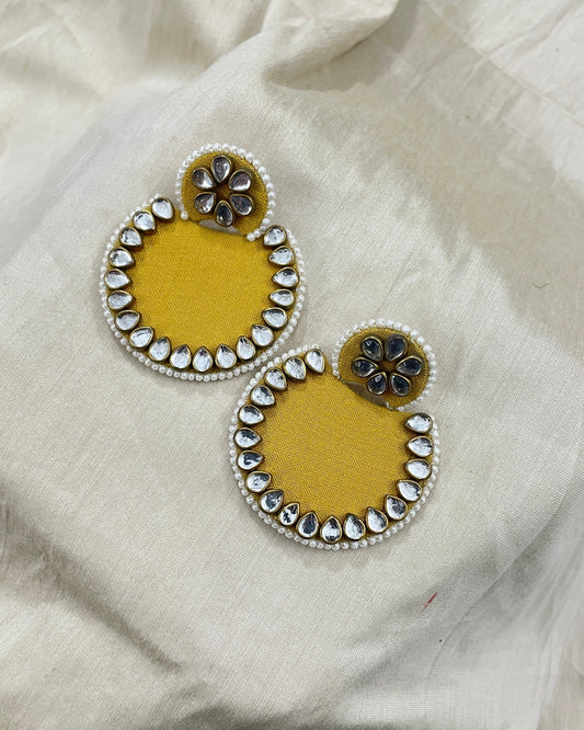 Yellow Kundan Fabric Earrings By Gamthi Fashion