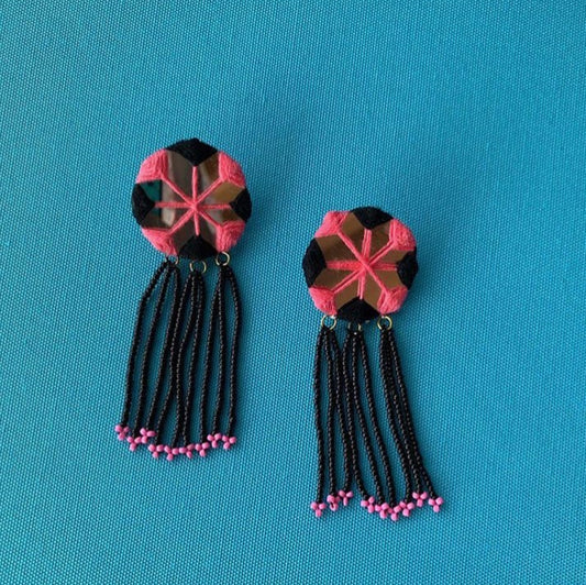 Black pink Flower tassel Earrings