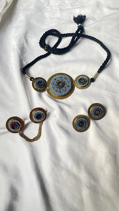 Denim Brass Necklace with earrings + ring