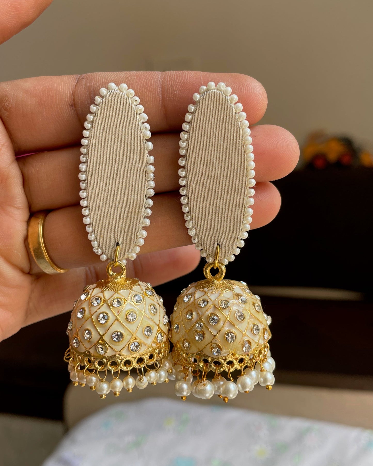 Cream Kundan Jhumka Earrings By Gamthi Fashion