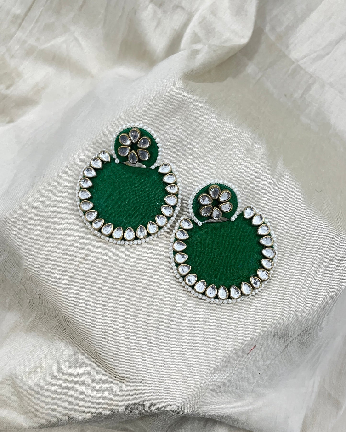 Dark Green Kundan Fabric Earrings By Gamthi Fashion