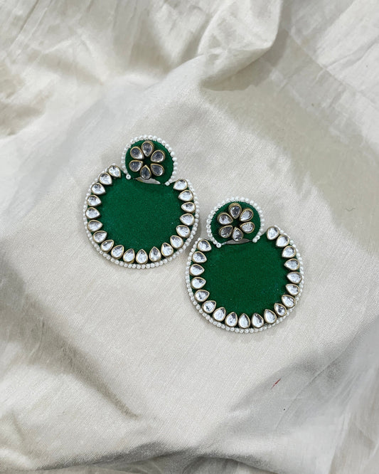 Dark Green Kundan Fabric Earrings By Gamthi Fashion