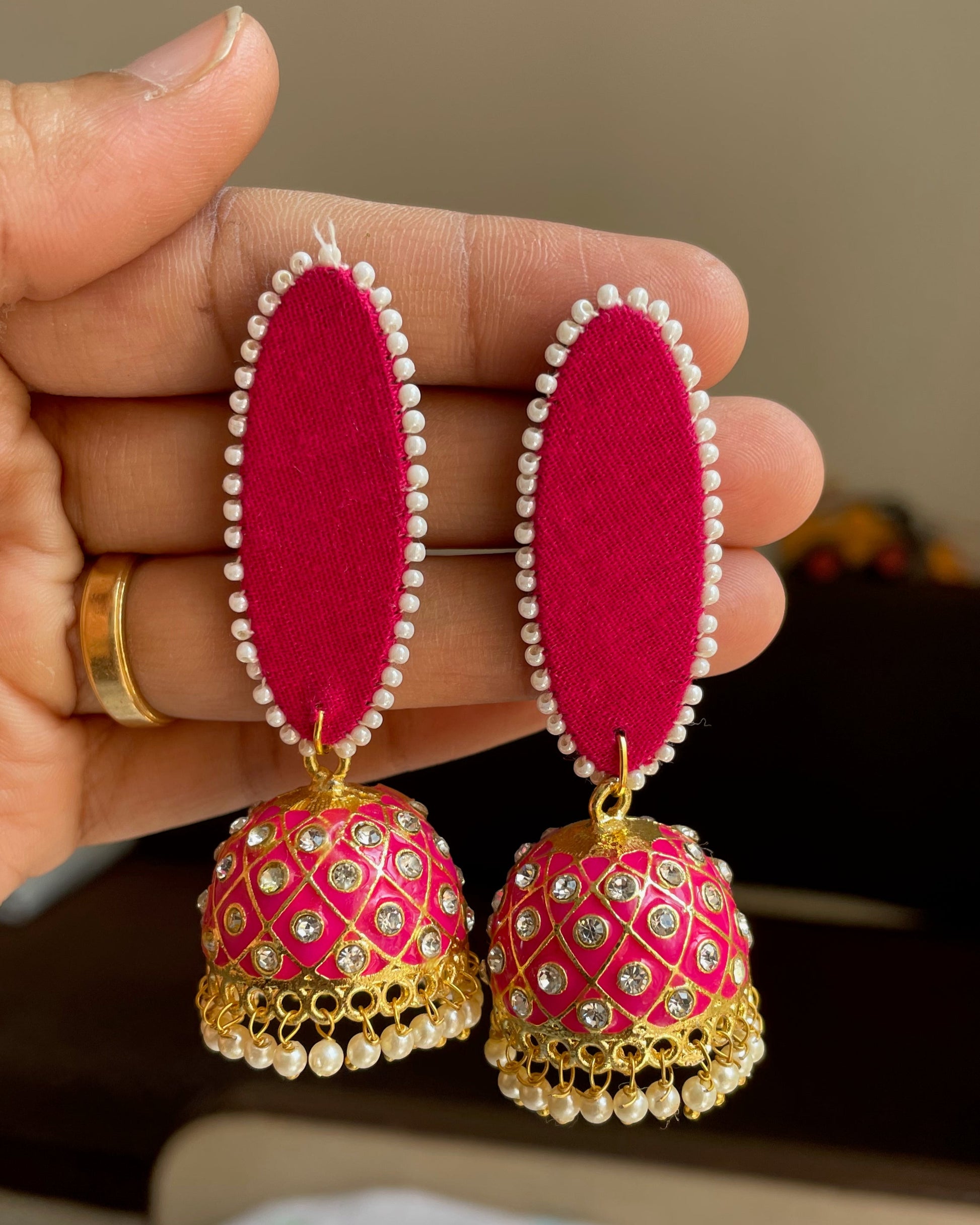 Dark Pink Kundan Jhumka Earrings By Gamthi Fashion