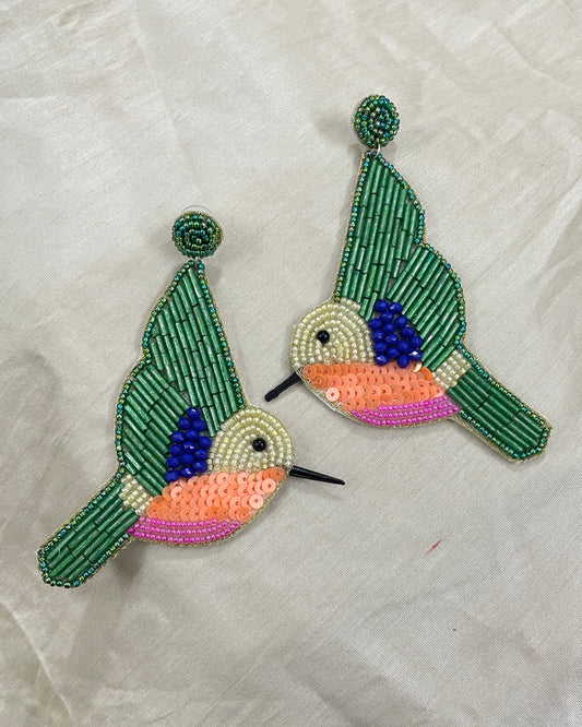 Green Bird Beaded Earrings By Gamthi Fashion