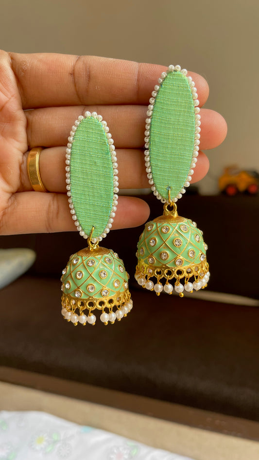 Light Pista Kundan Jhumka Earrings