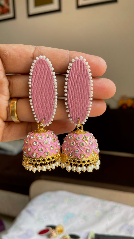 Pink Kundan Jhumka Earrings