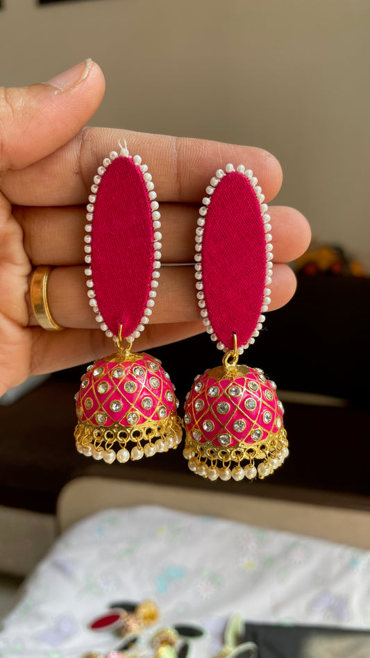 Dark Pink Kundan Jhumka Earrings