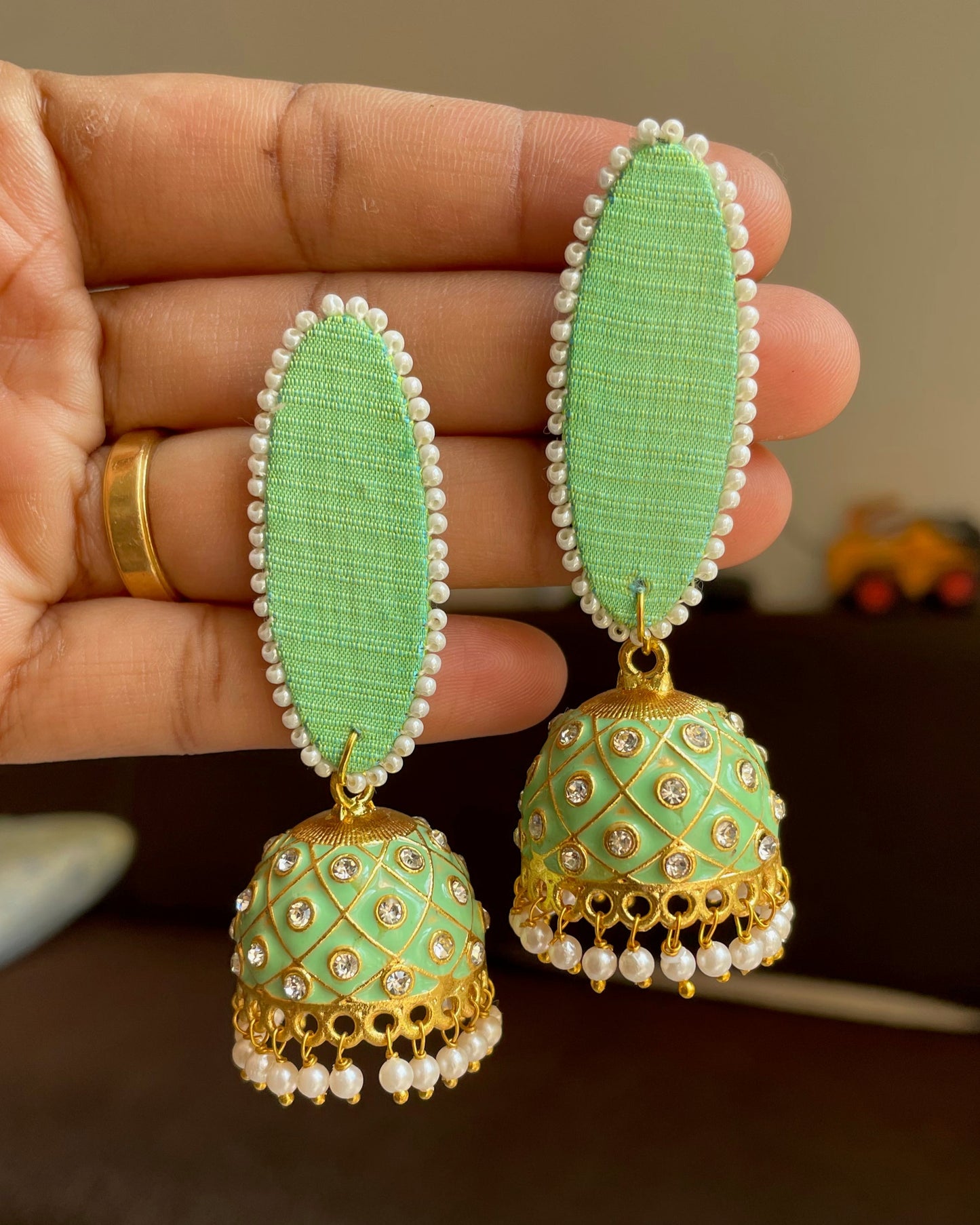 Light Pista Kundan Jhumka Earrings By Gamthi Fashion
