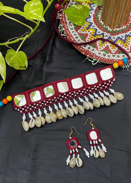 Maroon Mirror Work Necklace By Gamthi Fashion