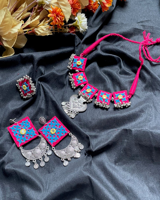 Pink Kutchi Necklace + Earrings + Ring By Gamthi Fashion