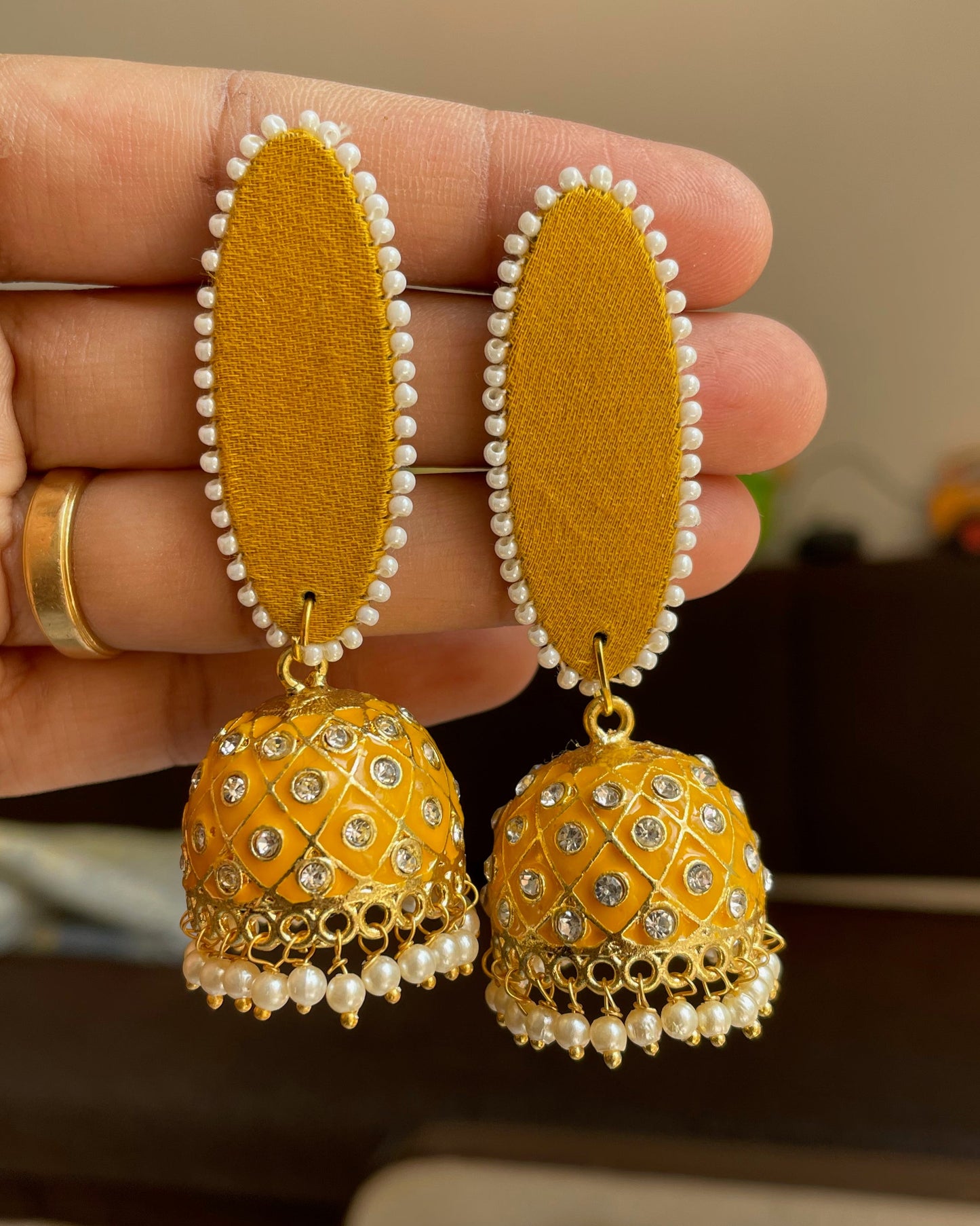 Yellow Kundan Jhumka Earrings By Gamthi Fashion